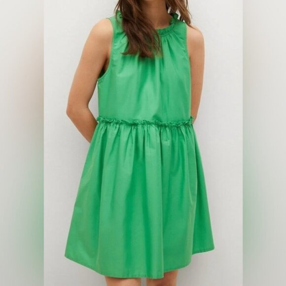 Mango Babydoll Mini Dress Gathered Ruffle Detail Cotton Green Size XS - Picture 3 of 16